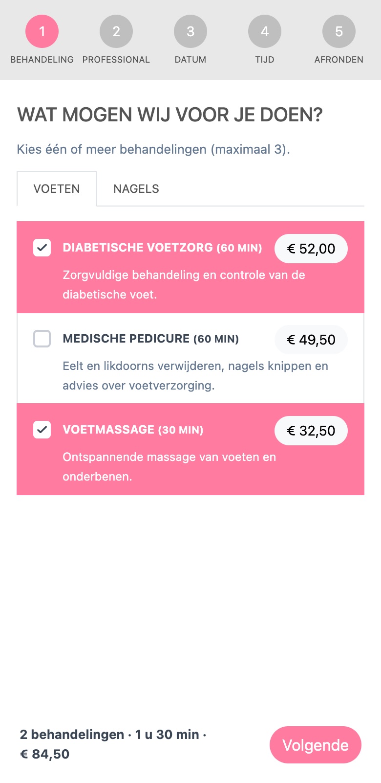 De afsprakenwidget: twee behandelingen aangevinkt, met totale duur en prijs