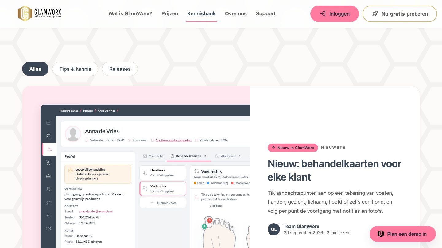 Het overzicht van de Kennisbank op glamworx.nl