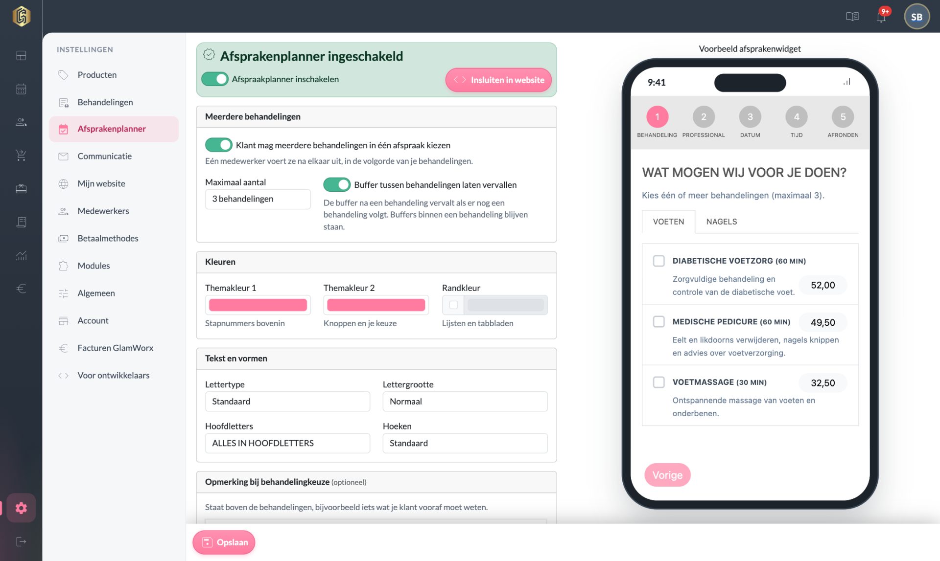Instellingen, Afsprakenplanner: het blok Meerdere behandelingen met maximaal aantal en buffer laten vervallen, naast het voorbeeld op een telefoon