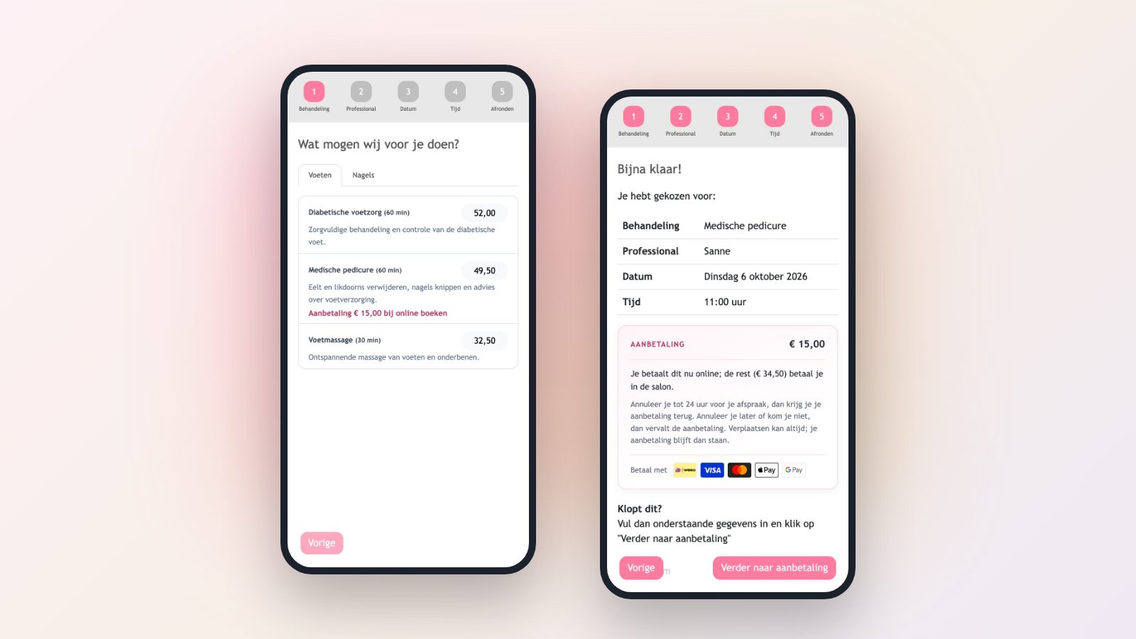 Twee telefoons met de afsprakenwidget: een behandeling met aanbetaling en het overzicht met de betaalmethoden