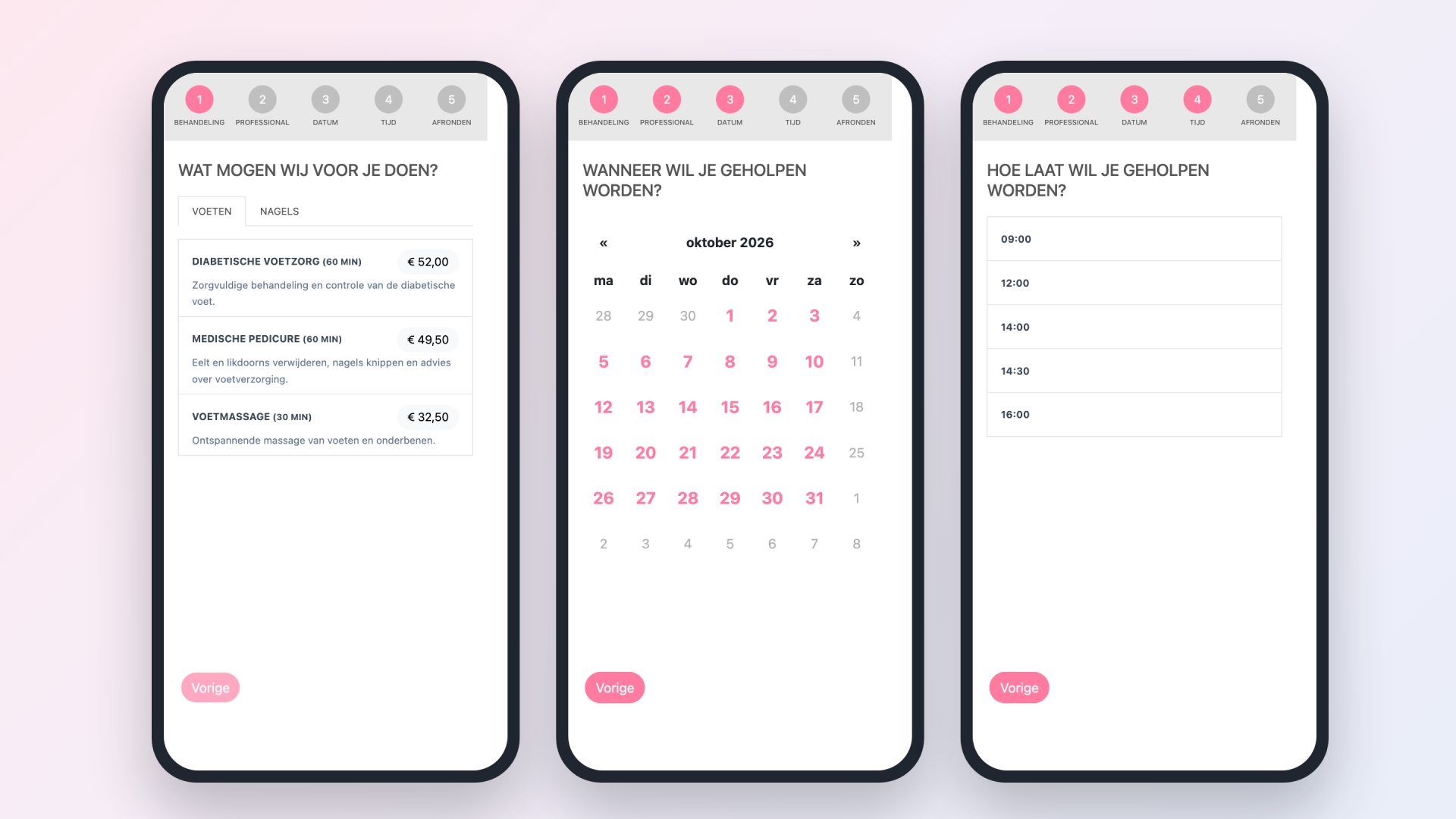 De afsprakenwidget op een telefoon: behandeling, datum en tijd kiezen