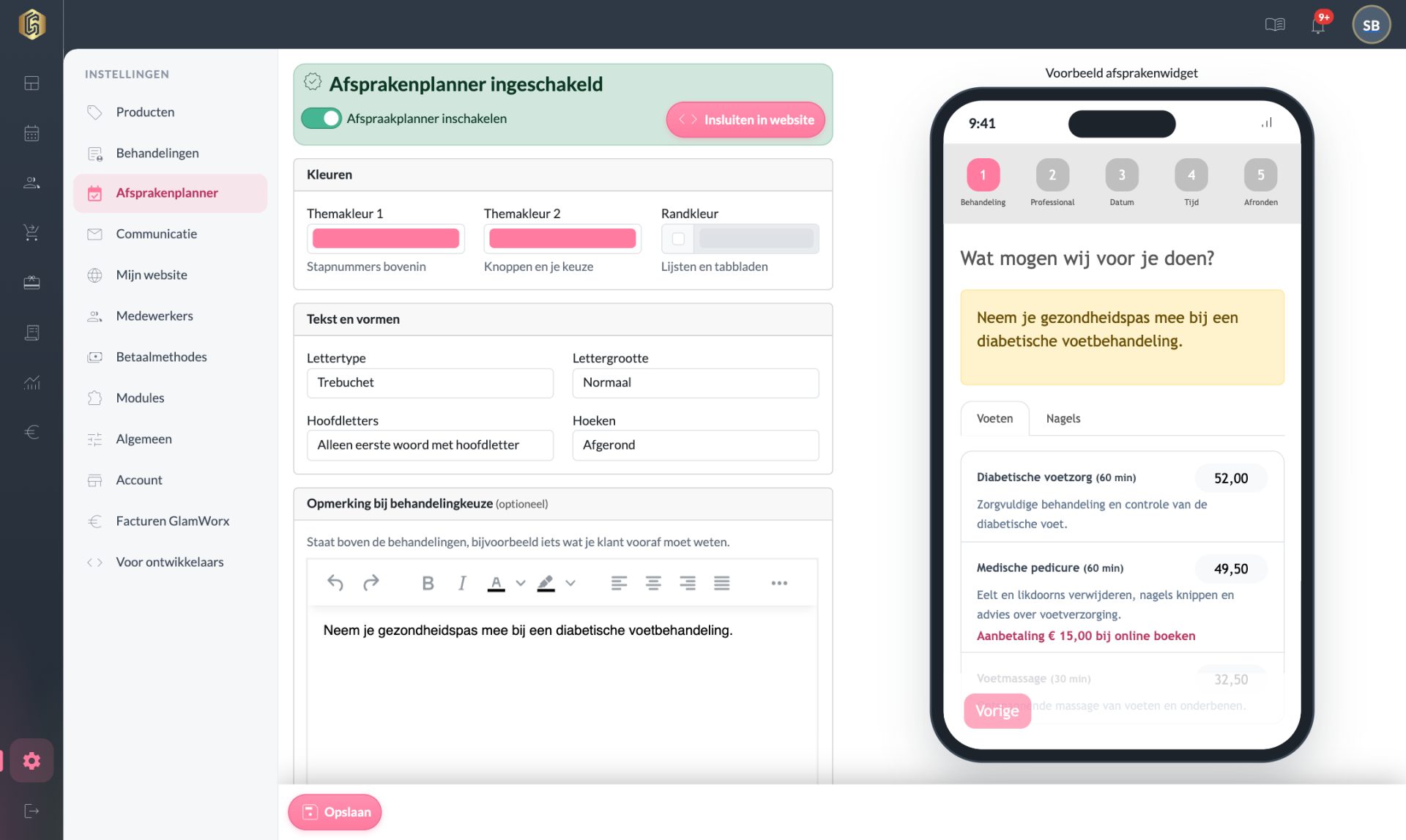 De instellingen van de Afsprakenplanner met kleuren, lettertype en hoeken, en rechts een voorbeeld van de widget op een telefoon