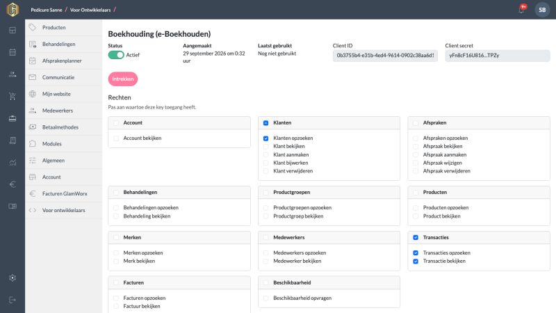 Een API-sleutel voor een boekhoudkoppeling met de gekozen rechten