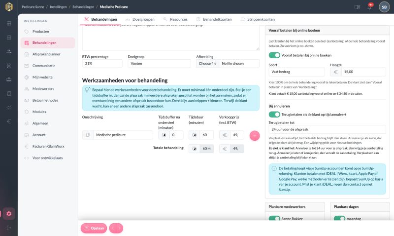Het blok Vooraf betalen bij online boeken bij een behandeling, met een aanbetaling van 15 euro en het annuleringsbeleid
